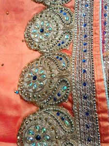 Peach Saree with Gold &amp; Blue Embroidery