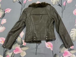 olive Fur Collar Leather Jacket