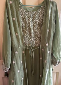 Olive Green Embroidered Dress with Jacket