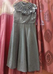 Gray Ruffle Neck Fit & Flare Dress
