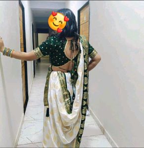 Elegant Green &amp; White Gold Sari