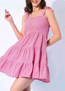 Pink Gingham Tiered Mini Dress