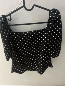 H&M Polka Dot Deep Neck Beautiful Black Top
