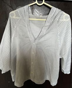 Striped Button-Down Hooded Top