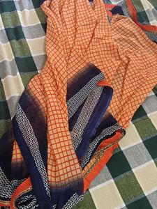 &#34;Brand New Peach Check Cotton Saree | Contrast Bor