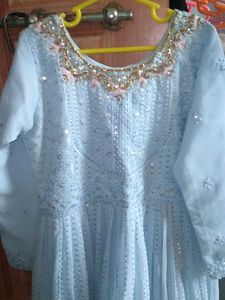 Embroidered sky blue Embellished Anarkali frock.