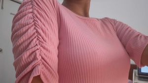 Pink Ribbed Fitted Ruched Sleeve Top