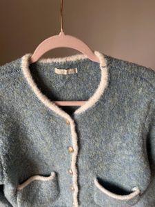 Powder Blue Wool Blend Boucle Cardigan