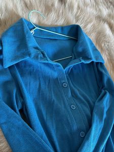 Blue Long Sleeve Dress with side slit &amp; c