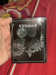 Silver Jhumka Earrings with Chain For Wedding