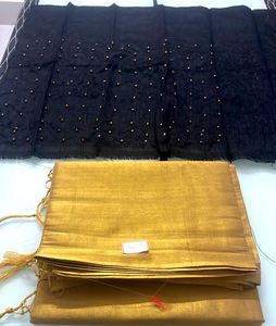 Gold Plain Sareee And Black Blouse