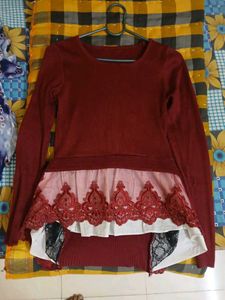 Burgundy Knit Top with Lace Details