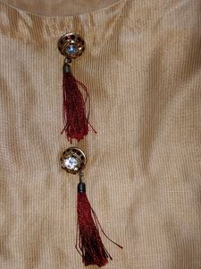 Silk Suit With Maroon Dupatta With Golden Lace