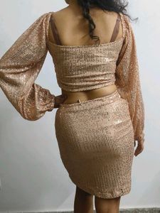 Rose Gold Sequin Crop Top &amp; Mini Skirt Set