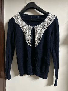 Navy Cardigan w/ Lace Collar