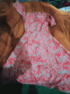 pink and golden full flaired long gown short sleeves