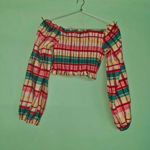 Checkered Off-Shoulder Crop Top