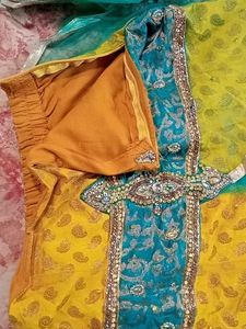 Yellow+bottle Green Lehenga choli/ Half Saree