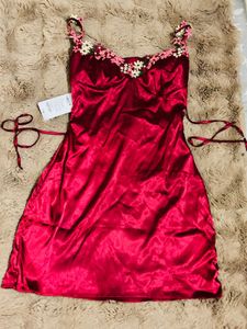Red Satin Floral Trim Mini Slip Dress