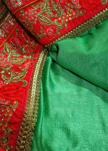 Green Saree With Red Velvet Border And Blouse