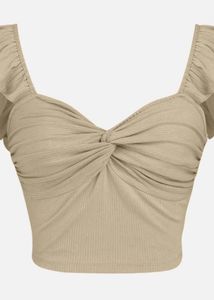 Sweetheart Neck Beige Front Twist Ribbed Top