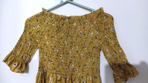 Mustard Floral Smocked Off-Shoulder Midi Dress
