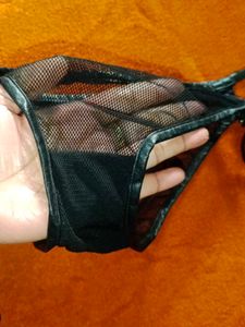 HUSTLER Black Lace/Leather Garter Belt  with thong