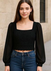 Black Crochet Lace Bodice Top with Chiffon Sleeves