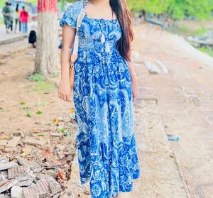 Blue Paisley Print Smocked Maxi Dress