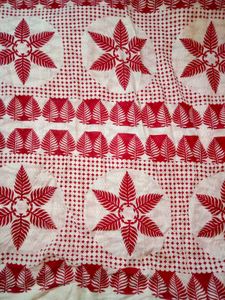 Red &amp; White Leaf Print Saree