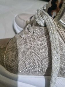 Beige Lace-Up Leopard Print Sneakers