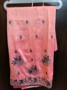 Coral Pink And Grey Embroidery Saree