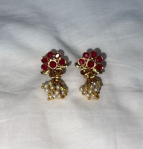 Pearl And Red Stone Earrings