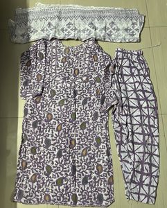 Purple & White Printed Kurta Set