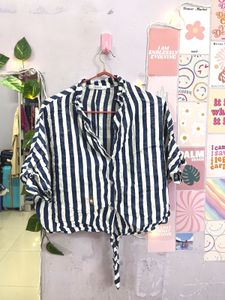 Blue Lined Crop Shirt Style Top
