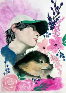 Beautiful Handmade Watercolor Painting Of Kim Taehyung With His Pet Dog