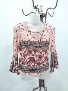 Floral Print Lace-Up Bell Sleeve Top