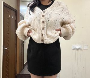 Cable Knit Cardigan and black skirt coord set