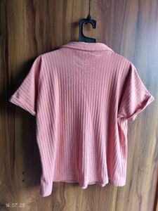 Peach Ribbed Button-Down Shirt