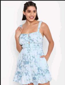 Blue Tie-Dye Ruffle Mini Dress