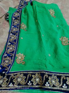 Green Saree with Navy Velvet Border
