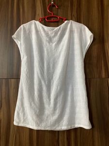 White Textured Cotton Short Sleeve Top for Women