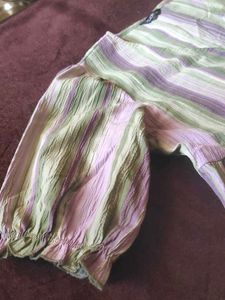 Striped Button-Down Puff Sleeve Top💜💚🤍