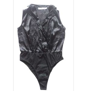 blacksatinbodysuit with a collared, wrap-style Top