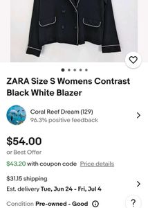 ZARA Size XS Womens Contrast Black White Blazer