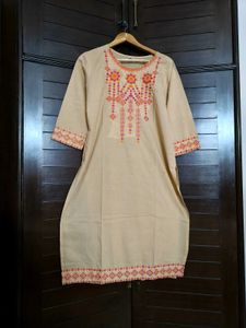 Women Beige Embroidery Khadi Cotton Suit Set