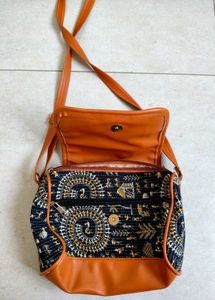 Brown And Blue Sling Bag With 3 Spaces