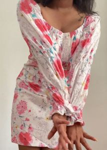 White Pink Floral Bodycon Dress Off Shoulder