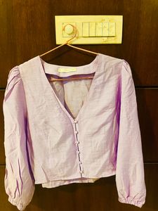 Mango Lavender Puff Sleeves Solid Crop Top