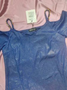 Royal Blue Metallic Cold Shoulder Strappy Top